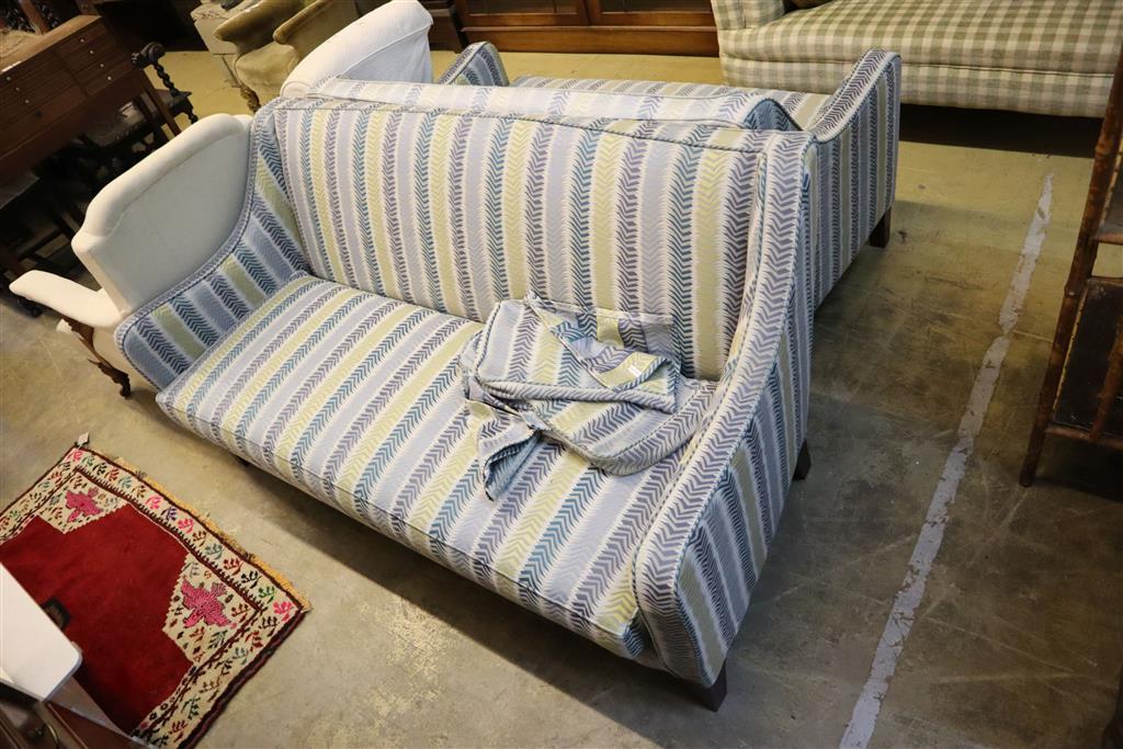A near pair of matching modern square frame sofas with geometric pattern upholstery, larger length 160cm, depth 76cm, height 86cm